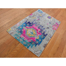 Load image into Gallery viewer, 2&#39;x3&#39;2&quot; Gainsboro Gray, Colorful Oushak Design, Sari Silk with Textured Wool, Hand Knotted, Sample Mat Oriental Rug FWR526794