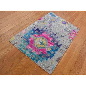 2'x3'2" Gainsboro Gray, Colorful Oushak Design, Sari Silk with Textured Wool, Hand Knotted, Sample Mat Oriental Rug FWR526794