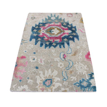 Load image into Gallery viewer, 2&#39;x3&#39; Agreeable Gray, Hand Knotted, Colorful Oushak Design, Sari Silk with Textured Wool, Sample Mat Oriental Rug FWR526842