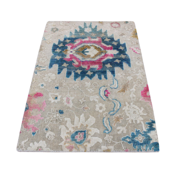 2'x3' Agreeable Gray, Hand Knotted, Colorful Oushak Design, Sari Silk with Textured Wool, Sample Mat Oriental Rug FWR526842