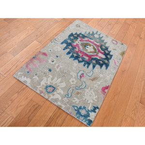 2'x3' Agreeable Gray, Hand Knotted, Colorful Oushak Design, Sari Silk with Textured Wool, Sample Mat Oriental Rug FWR526842
