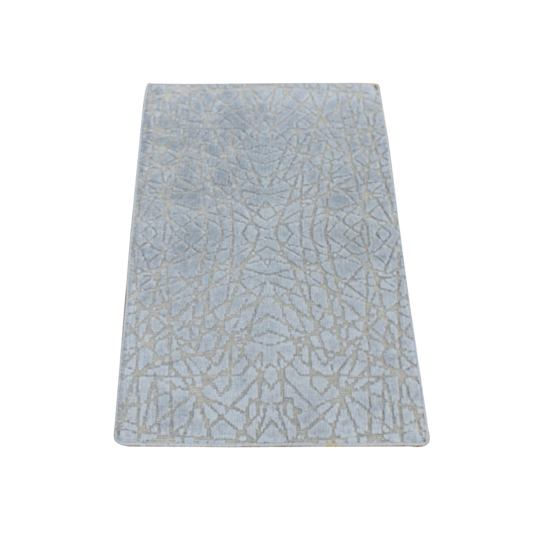2'x3' Gainsboro Gray, Flat Pile with Raised Silk, Hand Knotted, Tone on Tone Design, Sample Oriental Rug FWR526848