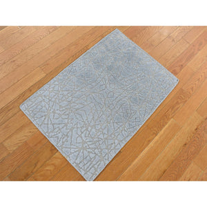 2'x3' Gainsboro Gray, Flat Pile with Raised Silk, Hand Knotted, Tone on Tone Design, Sample Oriental Rug FWR526848