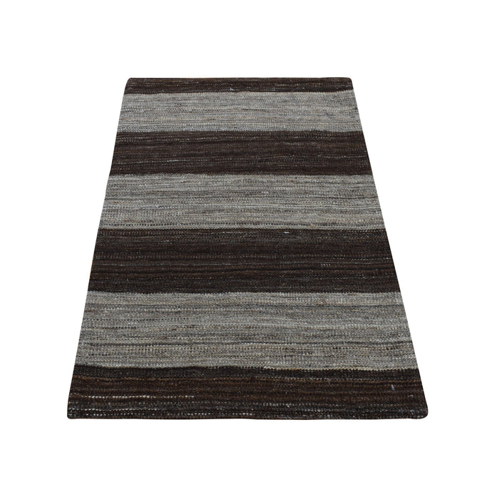 2'x3' Taupe Brown, Natural Wool, Hand Woven, Undyed Flat Weave Kilim, Wide Stripe Design, Sample Oriental Rug FWR526884