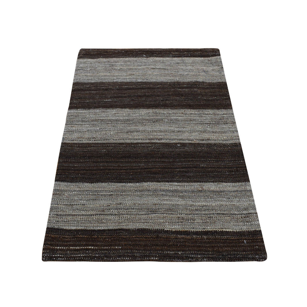 2'x3' Taupe Brown, Natural Wool, Hand Woven, Undyed Flat Weave Kilim, Wide Stripe Design, Sample Oriental Rug FWR526884