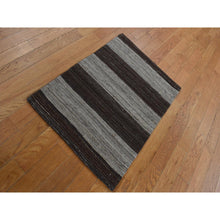 Load image into Gallery viewer, 2&#39;x3&#39; Taupe Brown, Natural Wool, Hand Woven, Undyed Flat Weave Kilim, Wide Stripe Design, Sample Oriental Rug FWR526884