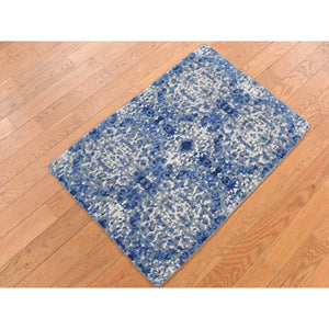 2'x3' Medium Sapphire Blue, Transitional Design, Wool and Silk, Hand Knotted, Sample Oriental Rug FWR526890
