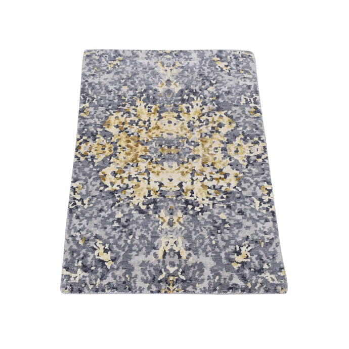 2'x3' Dim Gray, Modern Abstract Design, Wool and Silk, Hand Knotted, Sample Mat Oriental Rug FWR526896