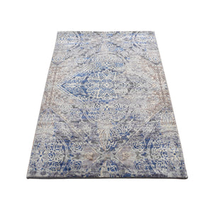 2'x3'1" Air Force Blue, Silk with Textured Wool, Hand Knotted, ERASED ROSSETS, Sample Mat Oriental Rug FWR526908