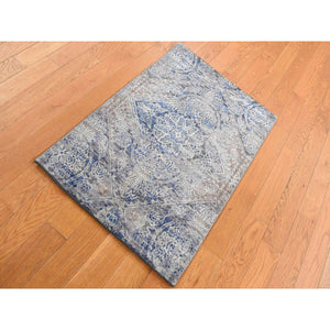 2'x3'1" Air Force Blue, Silk with Textured Wool, Hand Knotted, ERASED ROSSETS, Sample Mat Oriental Rug FWR526908