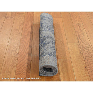 2'x3'1" Air Force Blue, Silk with Textured Wool, Hand Knotted, ERASED ROSSETS, Sample Mat Oriental Rug FWR526908