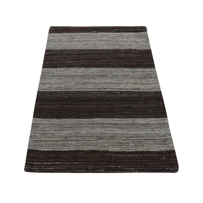 2'x3' Taupe Brown, Flat Weave Kilim, Wide Stripe Design, Undyed Natural Wool, Hand Woven, Sample Oriental Rug FWR526932