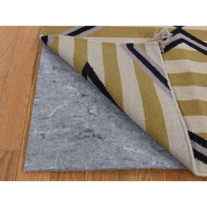 3'2"x5' Cream Color, Navajo Striped Design, Flat Weave, Hand Woven, Oriental Rug FWR526986