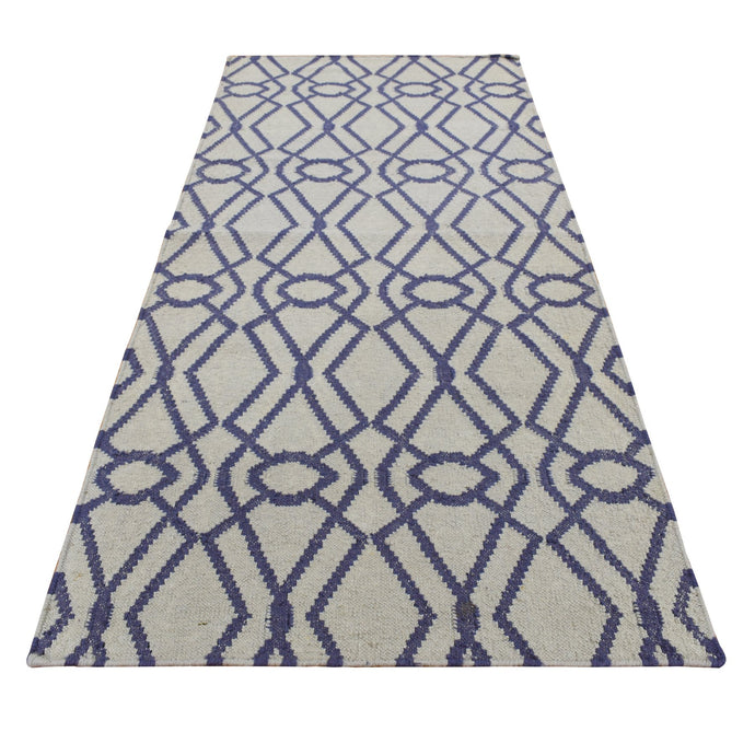 2'6''x6' Ice Blue, Hand Woven, Durie Kilim, Geometric Design, Wool, Flat Weave, Reversible, Runner Oriental Rug FWR526992