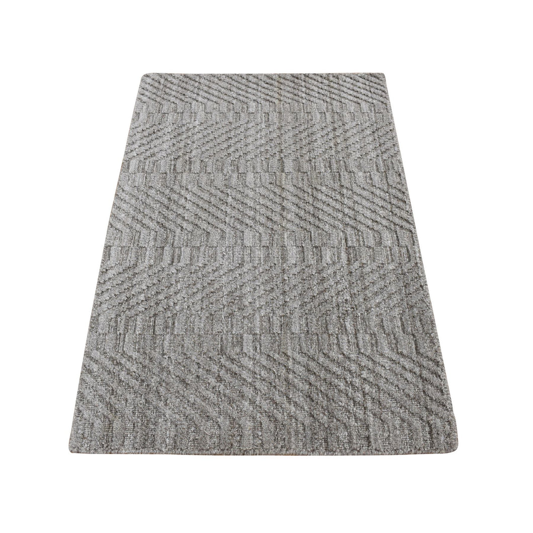 2'x3' Taupe Gray, Tone on Tone Chevron Design, Hand Loomed, 100% Wool, Oriental Rug FWR527010
