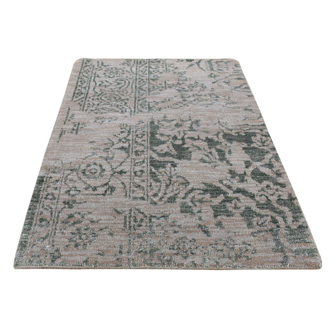 2'x3' Timberwolf Gray, Wool and Silk, Heriz Broken and Erased Design, Handmade, Hand Knotted, Sample Oriental Rug FWR527022