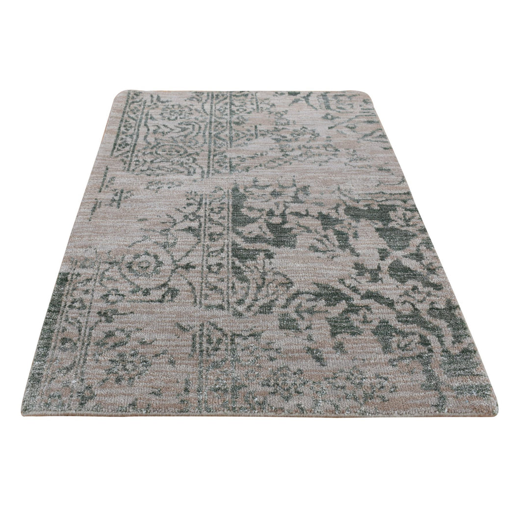2'x3' Timberwolf Gray, Wool and Silk, Heriz Broken and Erased Design, Handmade, Hand Knotted, Sample Oriental Rug FWR527022