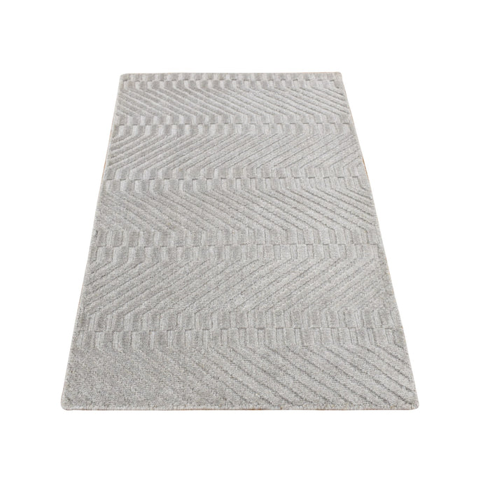 2'x3' Goose Gray, Tone on Tone Chevron Design, Hand Loomed, Wool and Silk, Oriental Rug FWR527028
