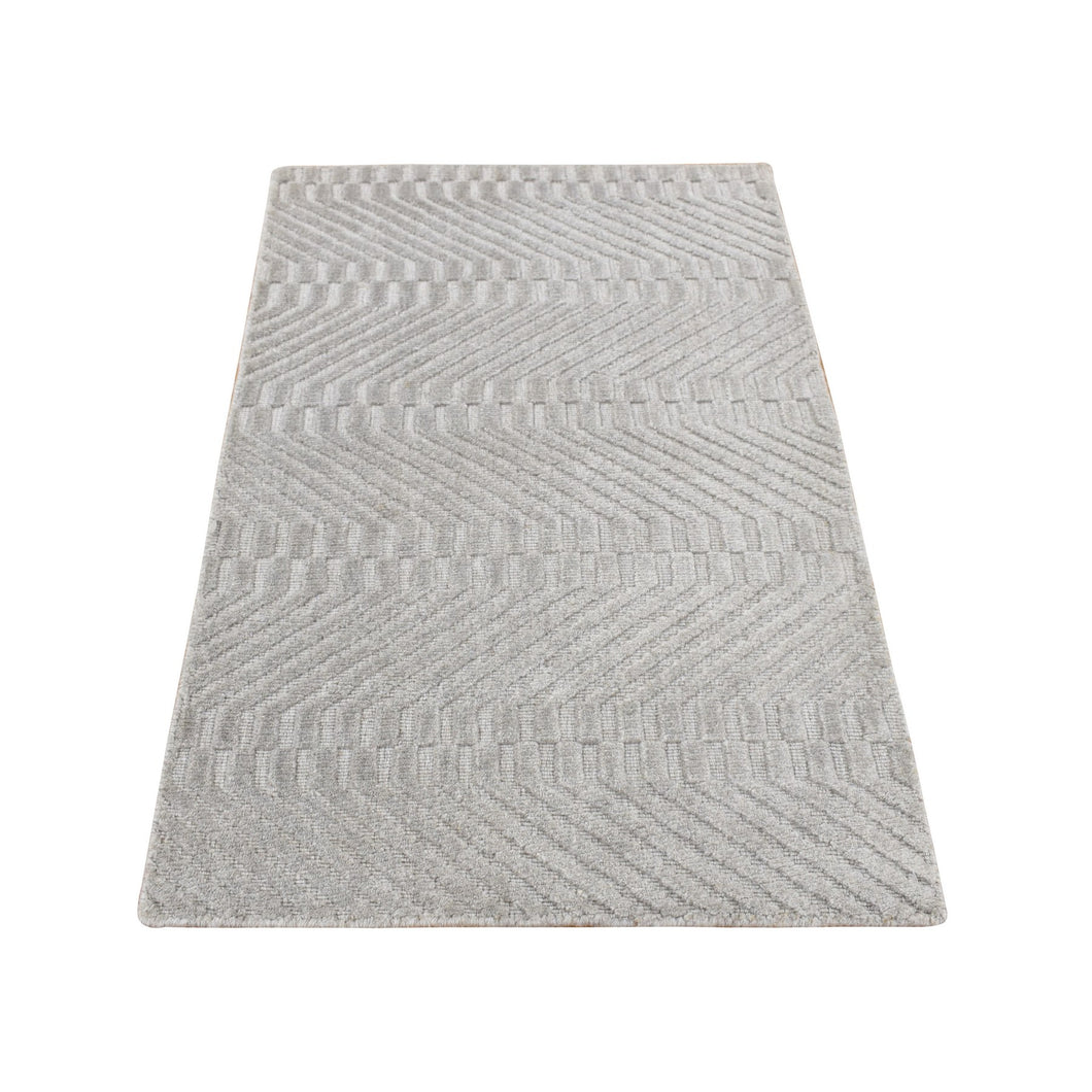 2'x3' Goose Gray, Tone on Tone Chevron Design, Hand Loomed, Wool and Silk, Oriental Rug FWR527028