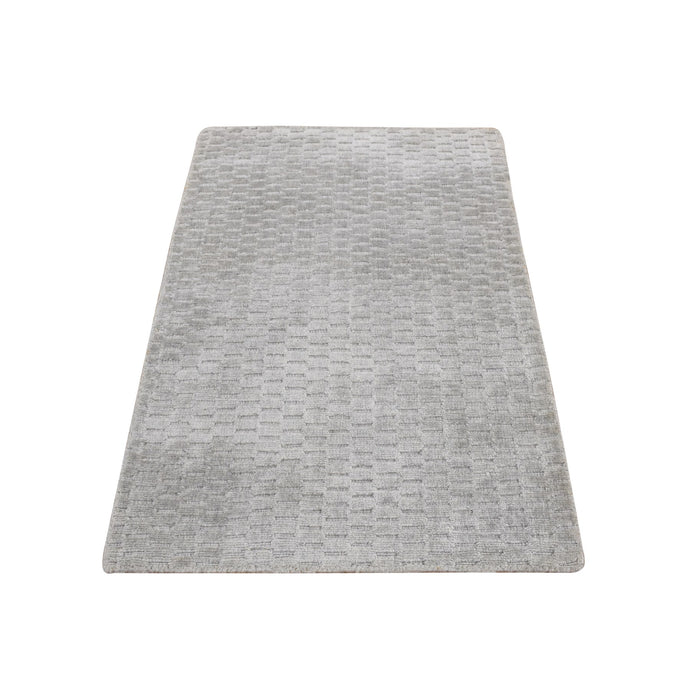 2'x3' Timberwolf Gray, Wool and Silk, Tone on Tone Design, Hand Loomed, Oriental Rug FWR527034