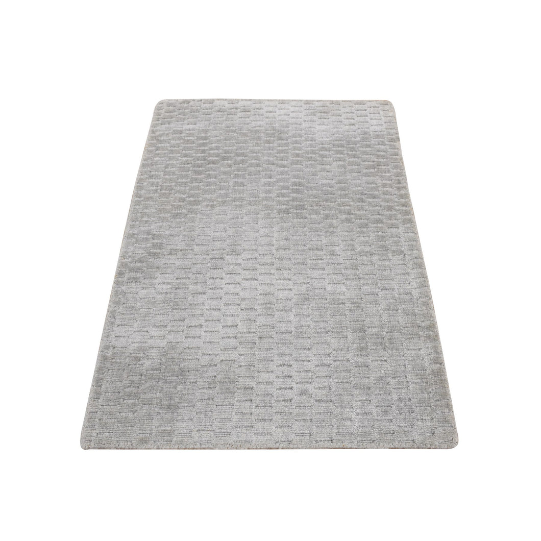 2'x3' Timberwolf Gray, Wool and Silk, Tone on Tone Design, Hand Loomed, Oriental Rug FWR527034