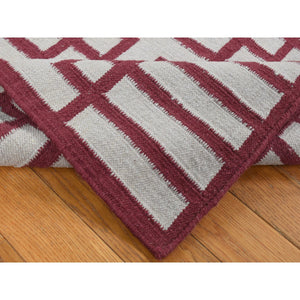 2'5"x6'1" Alabama Crimson Red, Flat Weave Reversible Kilim, Geometrical Line Design, 100% Wool, Hand Woven, Runner Oriental Rug FWR527082