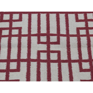 2'5"x6'1" Alabama Crimson Red, Flat Weave Reversible Kilim, Geometrical Line Design, 100% Wool, Hand Woven, Runner Oriental Rug FWR527082
