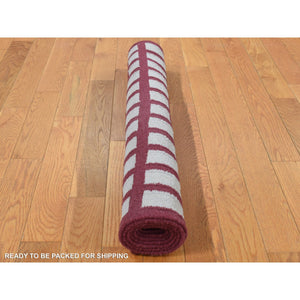 2'5"x6'1" Alabama Crimson Red, Flat Weave Reversible Kilim, Geometrical Line Design, 100% Wool, Hand Woven, Runner Oriental Rug FWR527082