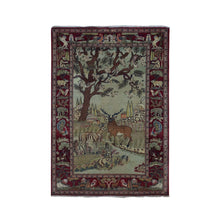 Load image into Gallery viewer, 4&#39;7&quot;x6&#39;7&quot; Vanilla White, Antique Persian Pictorial Kashan with Deer, Lion, Monkey, Bird and More, Full Pile, Mint Condition, Hand Knotted, Pure Wool, Oriental Rug FWR527250
