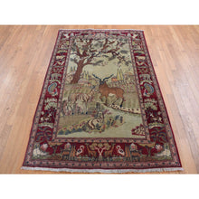 Load image into Gallery viewer, 4&#39;7&quot;x6&#39;7&quot; Vanilla White, Antique Persian Pictorial Kashan with Deer, Lion, Monkey, Bird and More, Full Pile, Mint Condition, Hand Knotted, Pure Wool, Oriental Rug FWR527250