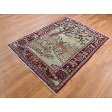 Load image into Gallery viewer, 4&#39;7&quot;x6&#39;7&quot; Vanilla White, Antique Persian Pictorial Kashan with Deer, Lion, Monkey, Bird and More, Full Pile, Mint Condition, Hand Knotted, Pure Wool, Oriental Rug FWR527250