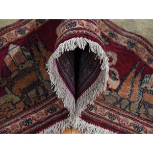 4'7"x6'7" Vanilla White, Antique Persian Pictorial Kashan with Deer, Lion, Monkey, Bird and More, Full Pile, Mint Condition, Hand Knotted, Pure Wool, Oriental Rug FWR527250