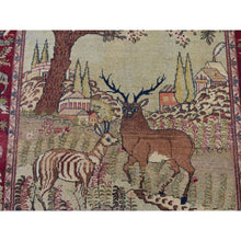 Load image into Gallery viewer, 4&#39;7&quot;x6&#39;7&quot; Vanilla White, Antique Persian Pictorial Kashan with Deer, Lion, Monkey, Bird and More, Full Pile, Mint Condition, Hand Knotted, Pure Wool, Oriental Rug FWR527250
