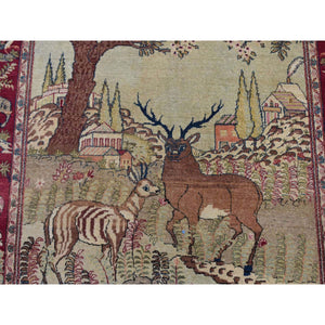 4'7"x6'7" Vanilla White, Antique Persian Pictorial Kashan with Deer, Lion, Monkey, Bird and More, Full Pile, Mint Condition, Hand Knotted, Pure Wool, Oriental Rug FWR527250