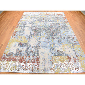 9'9"x14' Beau Blue, Textured Wool with Silk, Broken and Erased Design, Handmade, Oriental Rug FWR527388