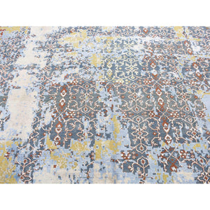 9'9"x14' Beau Blue, Textured Wool with Silk, Broken and Erased Design, Handmade, Oriental Rug FWR527388