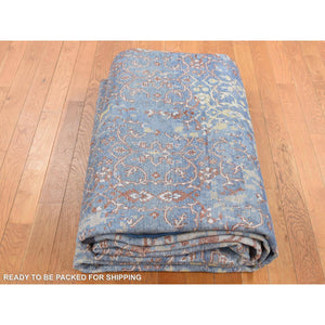 9'9"x14' Beau Blue, Textured Wool with Silk, Broken and Erased Design, Handmade, Oriental Rug FWR527388