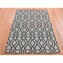 Load image into Gallery viewer, 4&#39;3&quot;x5&#39;10&quot; Turquoise Green, 100% Wool, Hand Woven, Flat Weave Kilim, Geometric Design, Reversible Oriental Rug FWR527406