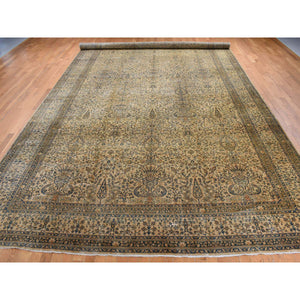10'8"x22'5" Birdseed Brown, Antique Indo Kerman, All Over Tree and Vase Design, Hand Knotted, Pure Wool, Full Soft Pile, Tone on Tone, 250 KPSI, Clean, Long and Narrow Runner Oriental Rug FWR527418