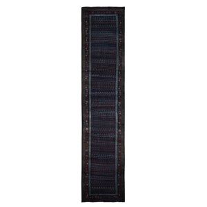 3'7"x16'6" Millennium Blue, Antique Kurdish Bijar, Repetitive Botteh All Over Design, Pure Wool, Excellent Condition, Hand Knotted, Clean, Wide Runner, Oriental Rug FWR527484