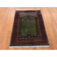 Load image into Gallery viewer, 2&#39;6&quot;x4&#39; Olive Green, Vintage Tourkaman Prayer Design, 200 KPSI, Full Pile, Clean, Hand Knotted, Pure Wool, Oriental Rug FWR527502