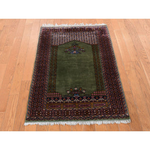 2'6"x4' Olive Green, Vintage Tourkaman Prayer Design, 200 KPSI, Full Pile, Clean, Hand Knotted, Pure Wool, Oriental Rug FWR527502