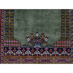 2'6"x4' Olive Green, Vintage Tourkaman Prayer Design, 200 KPSI, Full Pile, Clean, Hand Knotted, Pure Wool, Oriental Rug FWR527502