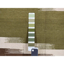 Load image into Gallery viewer, 5&#39;1&quot;x8&#39;1&quot; Old Moss Green, Flat Weave Kilim, Dazzling Zig-zag Design, 100% Wool, Hand Woven, Reversible Oriental Rug FWR527586