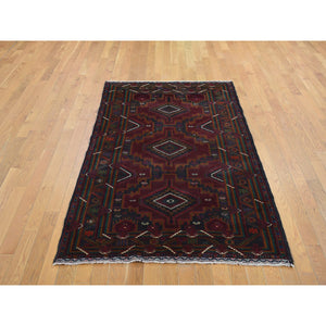 3'10"x7' Chocolate Cosmos Red, Afghan Baluch Geometric Design, Pure Wool, Hand Knotted, Oriental Rug FWR527610