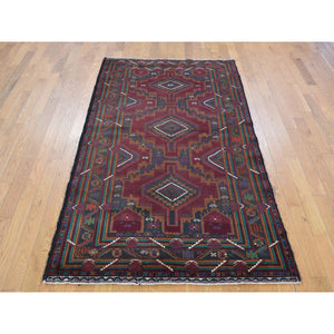 3'10"x7' Chocolate Cosmos Red, Afghan Baluch Geometric Design, Pure Wool, Hand Knotted, Oriental Rug FWR527610