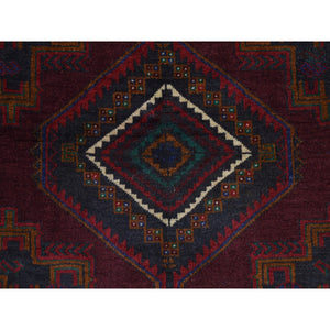 3'10"x7' Chocolate Cosmos Red, Afghan Baluch Geometric Design, Pure Wool, Hand Knotted, Oriental Rug FWR527610