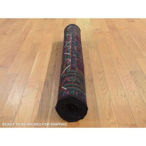 3'10"x7' Chocolate Cosmos Red, Afghan Baluch Geometric Design, Pure Wool, Hand Knotted, Oriental Rug FWR527610