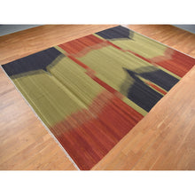 Load image into Gallery viewer, 10&#39;x14&#39;6&quot; Old Moss Green, Flat Woven By Hand, Contemporary Kilim Design, 100% Wool, Flat Weave, Oriental Rug FWR527616