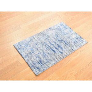 2'x3'1" Denim Blue, Erased Rossets, Silk With Textured Wool, Hand Knotted, Sample Oriental Rug FWR527832